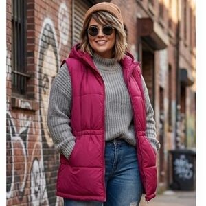 SHEIN Burgundy Red Sleeveless Hooded Puffer Jacket, Plus Size 4X Fit 2X